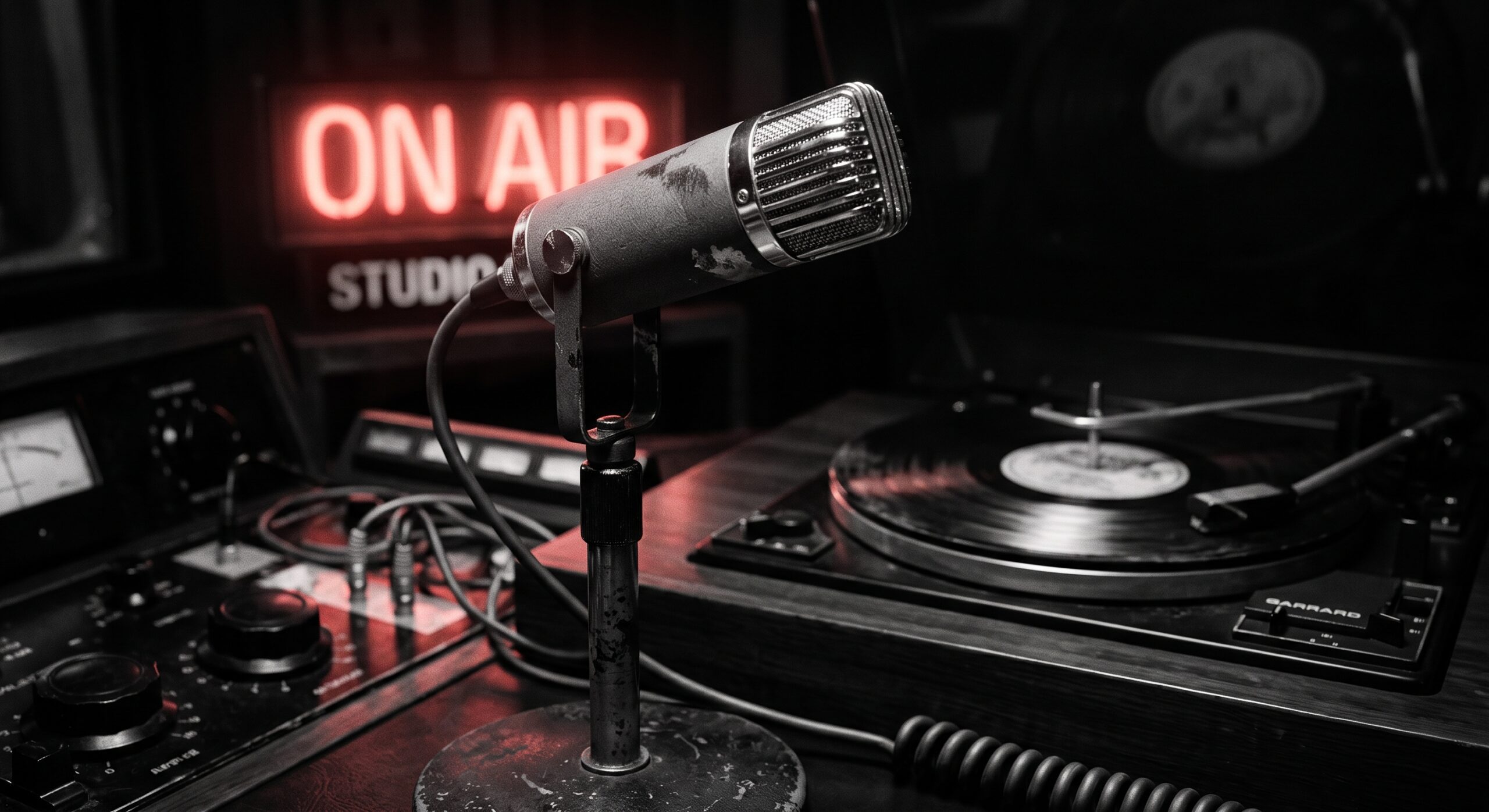 A vintage radio studio microphone and a record player with a red "On Air" neon sign. Cover art for the Shakermaker podcast produced by Daylight School, a photography school in Rome.
