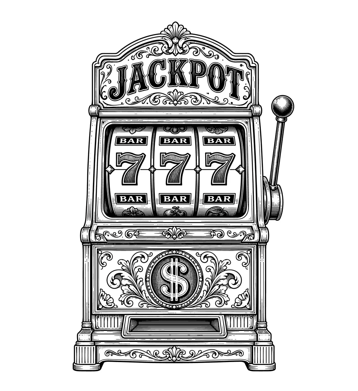 Illustrazione in bianco e nero di una slot machine vintage con la scritta Jackpot e il numero 777.